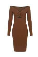 Load image into Gallery viewer, Megan Off Shoulder Midi Dress в цвят коняк - миди рокля с открити рамене DENIZZIA, предна част