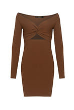Load image into Gallery viewer, Megan Off Shoulder Mini Dress в цвят коняк - мини рокля с открити рамене DENIZZIA, предна част
